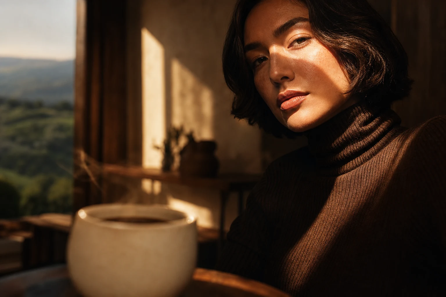 Mulher em uma casa mineira iluminada pelo fim de tarde, com uma xícara de café em primeiro plano.
