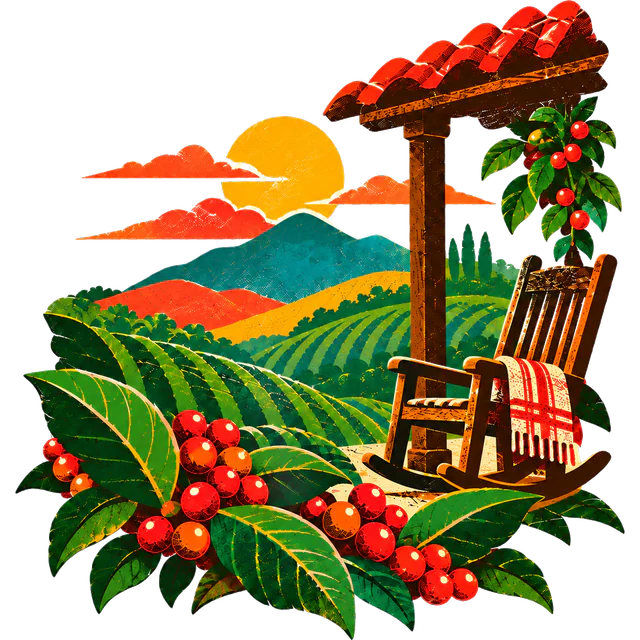Paisagem de cafezal em Minas Gerais com sol, varanda e cadeira de balanço.