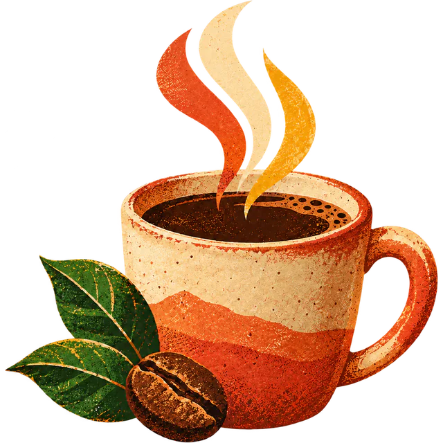 Xícara de café quente com folhas e um grão de café ao lado.